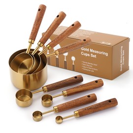 Gold Measuring Cups and Spoons Set with Wood Handles, Premium Stainless Steel Measuring Spoons and Measuring Cups Set 8 Pcs