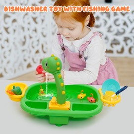 Pretend Wash-up Kitchen Sink Play Set,Kitchen Sink Toys with Tableware Accessories Water Circulation System and Dinosaur Tap,Educational Party Activity Toy Set for Girls Boys