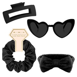 Semato 4 Pcs Black Bridesmaid Proposal Gifts Bridesmaid Spa Headband, Hair Claw Clips, Heart Shaped Sunglasses and Smooth Satin Scrunchies