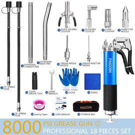 PAIGOIN Grease Gun Kit 8000 PSI Heavy Duty 14 OZ Pistol Grip Grease Guns with 19" & 28" Spring Flex Hose,Quick Release Coupler,90 Degree Adapter,2 Needle Tips,2 Nozzles,2 Extension Tubes
