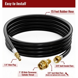 CALPOSE 15 FT Propane Quick Connect Hose for RV to Gas Grill, Come with 1 LB Throwaway Bottle Connect Adapter, Dual Functionality 1/4"RV Propane Hose Fits for Most LP Gas Equipment and Portable Grill