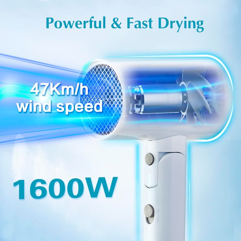 Licoseam Hair Dryer, 1600W Small Foldable Hair Blow Dryer, Fast