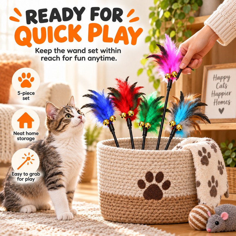 5-Piece Cat Feather Wand Toy Set for Interactive Play –