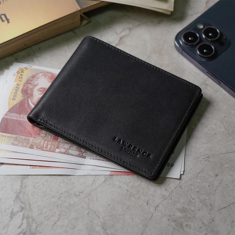 Lawrence London ® Mens Bi-Fold Wallet, Genuine Leather, RFID Blocking