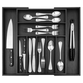 Purawood - Large Premium Bamboo Silverware Organizer with Knife Blocks - Expandable Kitchen Drawer & Utensil Organizer, Cutlery Tray with Drawer Dividers for Kitchen Flatware (7-9 Slots) (Natural)