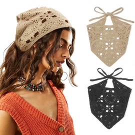 DRESHOW 2 PCS Crochet Hair Bandana Vintage Knotted Headscarf Strawberry Print Headband Knitted Head Kerchief for Women Girls