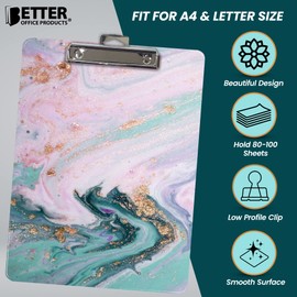 Better Office Products Fashion Clipboard, Marble Design, Standard A4 Letter Size, 12.5" x 9", Wooden Clipboard, Low Profile Clip with Retractable Hanging Tab, Decorative Clipboard (Marble Swirl)
