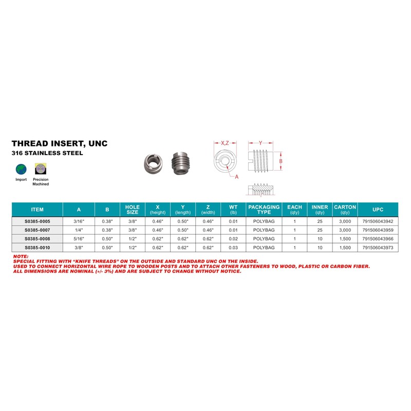 THREADED INSERT UNC 316 STAINLESS STEEL 3/16" (S0385-0005)