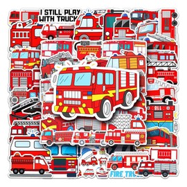 50Pcs Fire Truck Stickers,Cute Cartoon Fire Fighting Engine Vehicles Vinyl Waterproof Decals,Party Decor Water Bottle Laptop Refrigerator Skateboard Sticker
