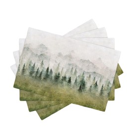 Watercolor Forest Linen Placemats Set of 4,Watercolor Woodland Forest Mountains Rustic Dining Placemats Home Kitchen Party Living Room Table Decoration 12x18 Inch