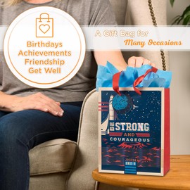 Christian Art Gifts Medium Portrait Gift Bag, Tag & Tissue Paper Set for Boys & Kids: Strong & Courageous Inspirational Scripture, Multicolor Blue Reflective Outer Space Theme, Sturdy Satin Handles