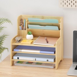 Wisuce Essentials Bamboo Desk Organizer Mail Holder Countertop Letter Tray File Organizer for Desk Letter Sorter Paper File Storage for School Home Office Supplies