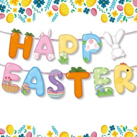 Girlande Ostern Happy Easter Ostergirlande Easter Decoration Ostern Deko Girlande Bunt Partygirlanden Papiergirlande Hasen, Bunte Eier, Küken, Karotten Party Banner