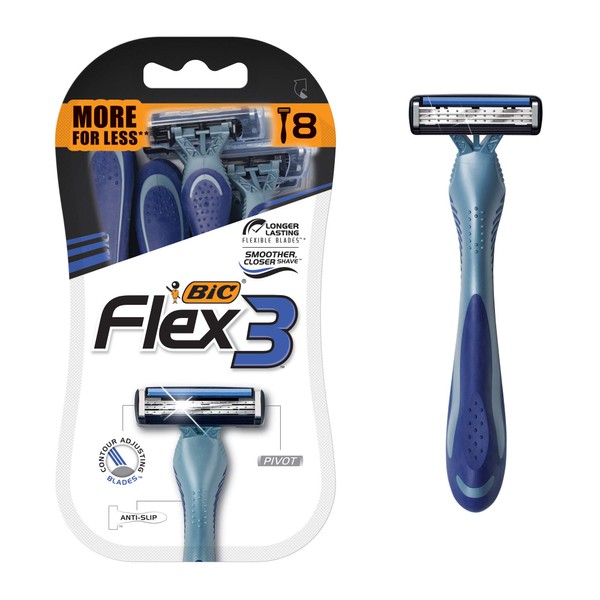 BIC Flex 3 Titanium Men’s Disposable Razors With 3 Blades, Ideal Razor For Face and Body Shaving, 8 Piece Razor Kit for Men