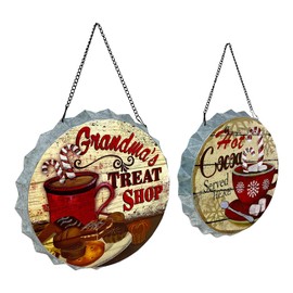 Gerson S/2 Bottle Cap Signs Christmas Holiday Decor Metal Rustic Vintage Wall Ornament Kitchen Room Bar Indoor Outdoor 9" D