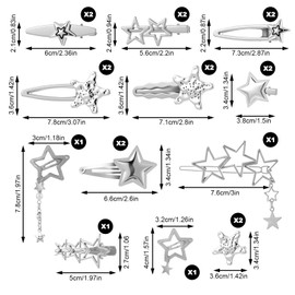 Mabor 20PCS Star Hair Clips for Women, Y2K Metal Barrettes Silver Zinc Alloy Pentagram Hairpins Set, Multi-Size Bangs Clips for Party & Stage