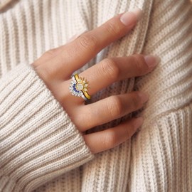 plucar Sun and Moon Rings for Women, 2PCS 14k Gold/Silver Plated Stackable Rings for Women Chunky Gold Rings Set Cute Fashion Stacking Matching Rings Dainty Adjustable Knuckle Womens Rings Jewelry