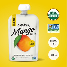 Golden Farms Mango Pouches, Single Ingredient Healthy Snacks (Pack of 12), 100% Pure Fruit, No Added Sugar, Vegan, Gluten-Free, Kosher, Organic Squeeze Pouch 3.17oz Each (Mango)