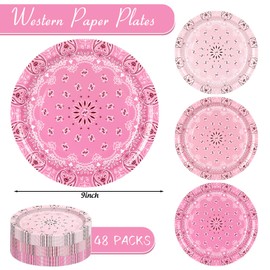 48Pcs Western Bandana Paper Plates Pink Cowgirl Paisley Disposable Plate 3 Colors Wild West Dessert Plates for Wild One Yeehaw Bday Birthday Baby Shower, 9 Inch