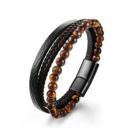 Dochais Men's Bracelet, Stainless Steel Genuine Leather Bracelet, Jesus Christ Crucifix Cross Bracelet, Natural Stone Braided Bracelet with Magnetic Clasp, Jewellery Gifts for Men, Stainless Steel