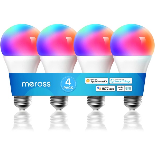 Meross Smart Light Bulb, Smart WiFi LED Bulbs Compatible with Apple HomeKit, Siri, Alexa, Google Assistant and SmartThings, Dimmable E26 Multicolor 2700K-6500K RGBWW, 900 Lumens 60W Equivalent, 4 Pack