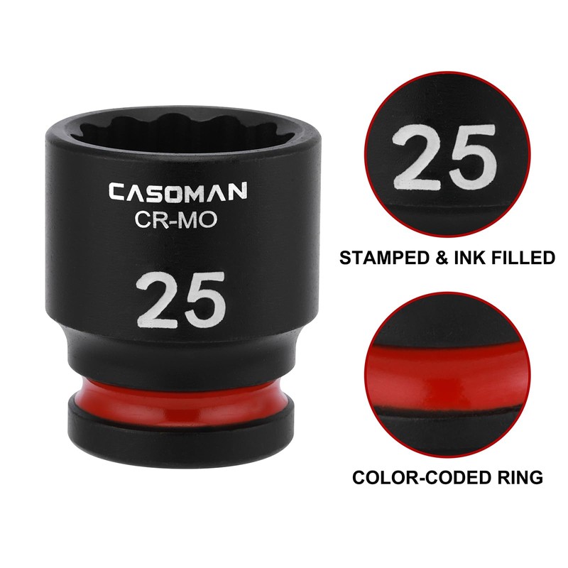 CASOMAN 26-Piece 1/2" Drive Standard Impact Socket Set, 12-Point, Metric,