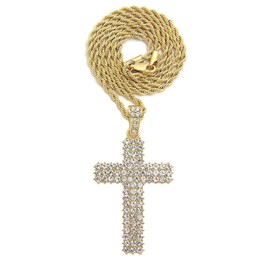 CBC Crown Stone Filled Cross Pendant Necklace in 18"/20"/24" Box, Cuban, Rope Chain Necklace in Gold or Rhodium Tone (Cross-Gold-20 Rope Chain)