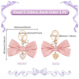 AHANDMAKER 5 x Key Chain with Pearl Bow for Women 5 Colours Heart Cute Bow Key Ring Bowknot Bag Charm for Car Keys Purse Backpack, multicoloured