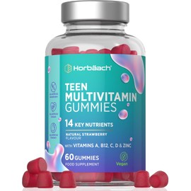 Multivitamin Gummies for Teenagers | 60 Count | with Vitamin A, B12, C, D, and Zinc | Berry Flavour for Teens | Vegetarian and Vegan Supplement | by Horbaach