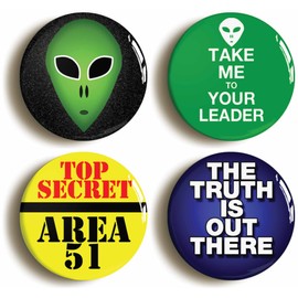 4 x"ALIEN INVASION" BADGES BUTTONS PINS (1inch/25mm diameter)