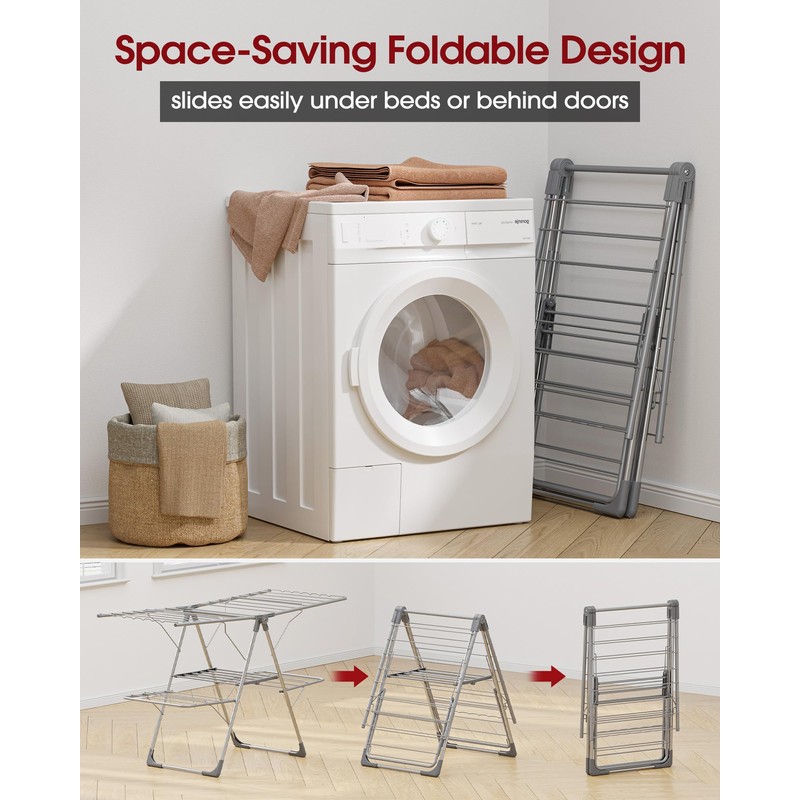 Sakugi Clothes Drying Rack, Foldable 2-Level with 55.5" Adjustable Wings