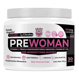 Prewoman Pre Workout Para Mujeres Purely Organics 30 servicios Sabor Ponche de Frutas
