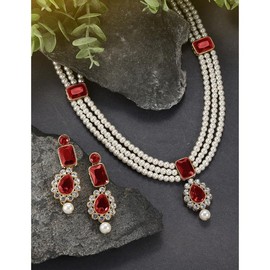 Aheli Gold Plated Maroon Kundan Long Necklace Earring Indian Traditional Jewelry Set Gift for Women