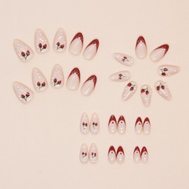 Short Press on Nails Almond Fake Nails with Pearls Bow Fruit Designs Red French Tip Glue on Nails White Lines False Nails Press ons Glossy Stick on Nails for Women 24 Pcs
