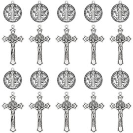 20 Pcs Catholic Rosary Making Kit, 10 St. Benedict Medals & 10 Crucifix Cross Pendants, Antique Bronze Metal Charms Connectors for DIY Pocket Rosaries, Necklaces and Jewelry Crafts (Antique Silver)