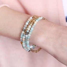 RIAH FASHION Delicate Boho Beaded Multi Layer Versatile Bracelets - Stackable Stretch Bangles Sparkly Crystal, Natural Stone (Delicate Natural Stone & Gold Mix - Montana Blue)