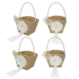 Yuudar Wedding Decoration Basket, Vintage Rustic Burlap Flower Girl Basket, Pearl Double Love Heart Bowknot, 4pcs