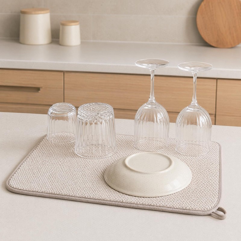 2 Pack Microfibre Dish Drying Mat, Foldable Drainage Mat, Beige