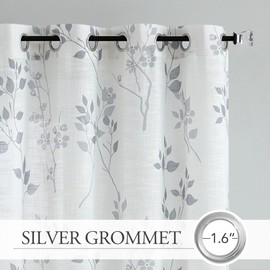 Beauoop Floral Linen Semi Sheer Curtains 54 Inch Length 2 Panels for Living Room Bedroom Grey Farmhouse Flower Patterned Light Filtering Textured Grommet Top Window Treatments Drapes, 50x54 2 Set