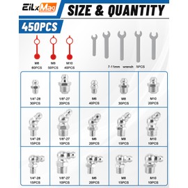 435PCS Grease Fittings Assortment, SAE & Metric Hydraulic Grease Zerk Assortment Kit, 1/4 1/8 M6 M8 M10 with Straight 45° 90° Zerk Grease Fittings with Grease Fitting Caps and Wrench(7-11mm)