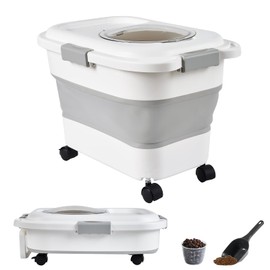 Collapsible Dog Food Storage Container Cat Food Container 18-25Lbs Pet Food Storage Containers Dog Food Container Casters & Scoop Airtight Dog Food Bin Keep Dry Food Fresh (White)