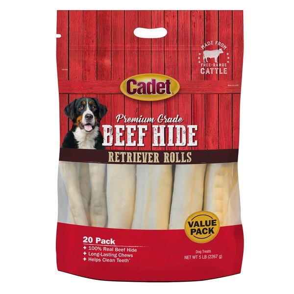Cadet Premium Grade Beef Hide Retriever Rolls for Dogs 20 Pack, 5 Pounds