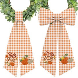 2 Pcs Fall Wreath Sash Plaid Pumpkin Hello Fall for Front Door Embroidery Ribbon Sash for Yard Porch Doorway Decor Indoor Outdoor