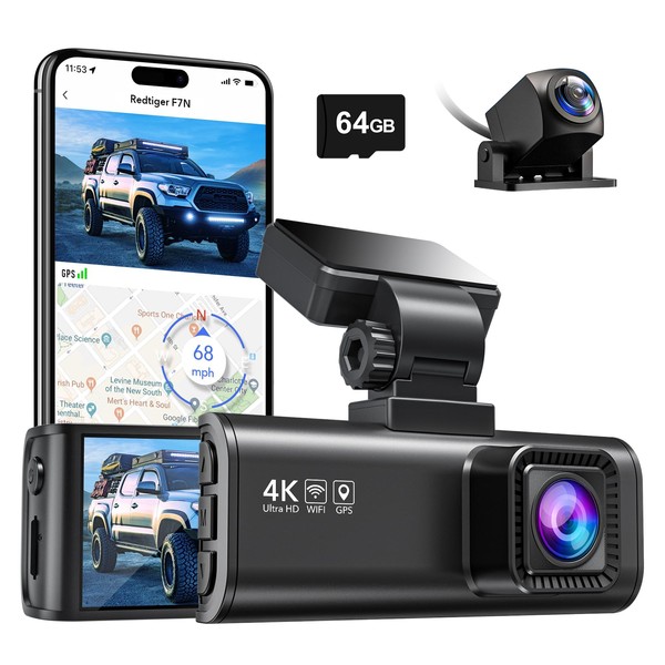 REDTIGER F7N 4K Dual Dash Cam with 64GB Card, Built-in