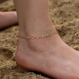 WEARON Gold Ankle Bracelets for Women 18K Gold Plated Anklet Flat Mariner Link Chain Anklet Summer Beach Foot Jewelry 4.5mm
