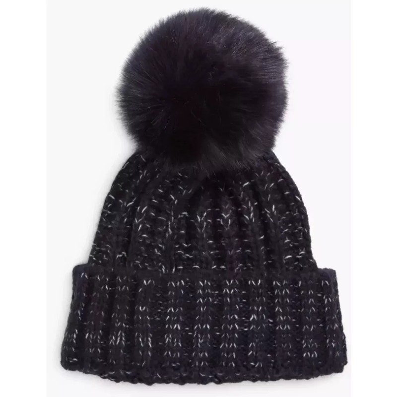 Kyi Kyi Knitted Women's Faux-Fur Pom Pom Beanie Hat, Black,