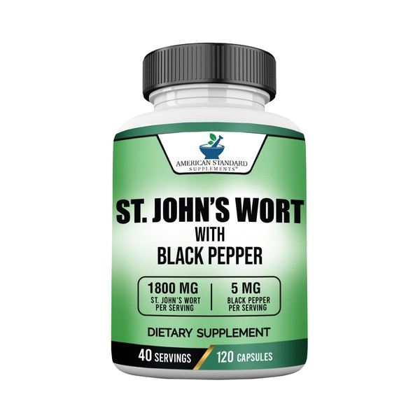American Standard Supplements St. John’s Wort 1800mg Per Serving with Black Pepper Fruit Extract - Vegan, Gluten Free, Non-GMO, 120 Capsules, 40 Servings
