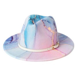 Gossifan Tie-dye Wide Brim Fedora Hats for Women Multicolor Felt Panama Hat Moon Blue