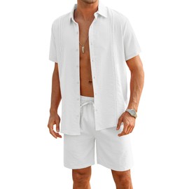 LecGee Men 2 Piece Vacation Outfit Matching Shirt And Shorts Set Beach Linen Outfits For Vacation