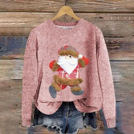QUINTRA Oversized Pullover Women's Santa Print Sweatshirt, Long Sleeve Crew Neck Tops, pink, M